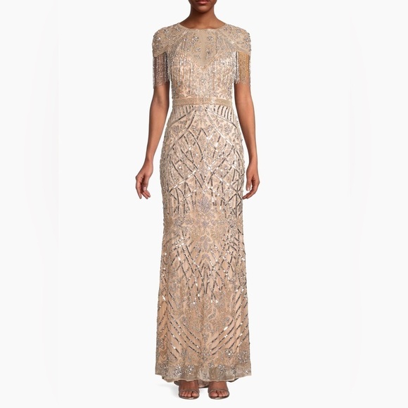 Mac Duggal 4715 Military Style Beaded sequin Fringe Sheath Gown Platinum - Picture 5 of 15